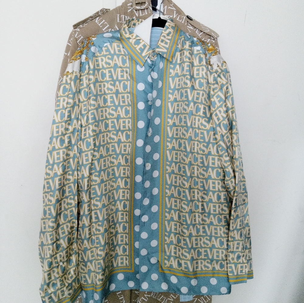 Versace Logo and Polka Dot Shirt in Blue and Beige